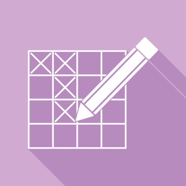 Kalem işaretli çapraz bulmaca. Mor arkaplanda uzun gölgesi olan beyaz simge.