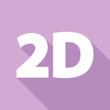 2D grafik işareti. Mor arkaplanda uzun gölgesi olan beyaz simge.