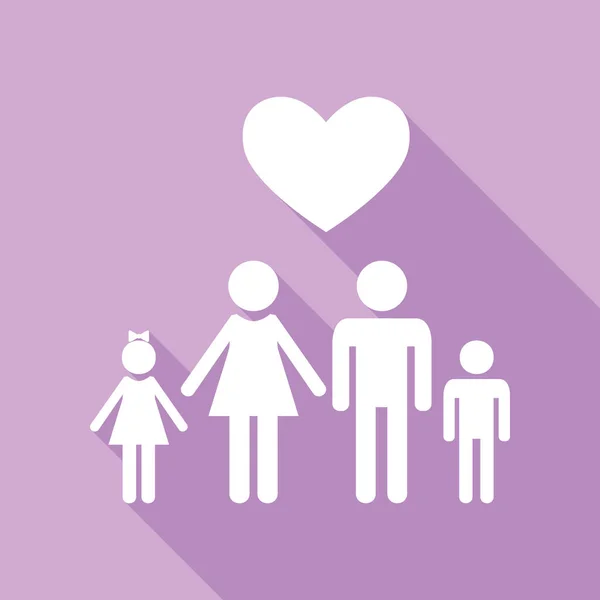 心を持った家族 子供と妻 紫色の背景に長い影の白いアイコン — ストックベクタ
