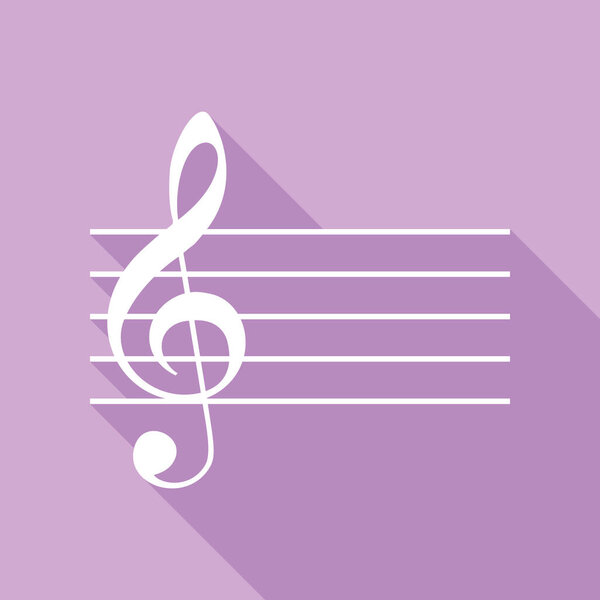 Music violin clef sign. G-clef. White Icon with long shadow at purple background.