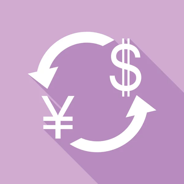 货币兑换标志 日本日元和美元 紫色背景的长阴影白色图标 — 图库矢量图片