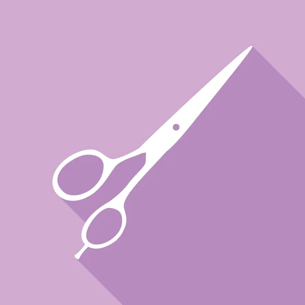 Hair Cutting Scissors Sign White Icon Long Shadow Purple Background — Stock Vector