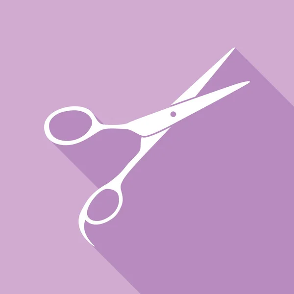 Hair Cutting Scissors Sign White Icon Long Shadow Purple Background — Stock Vector