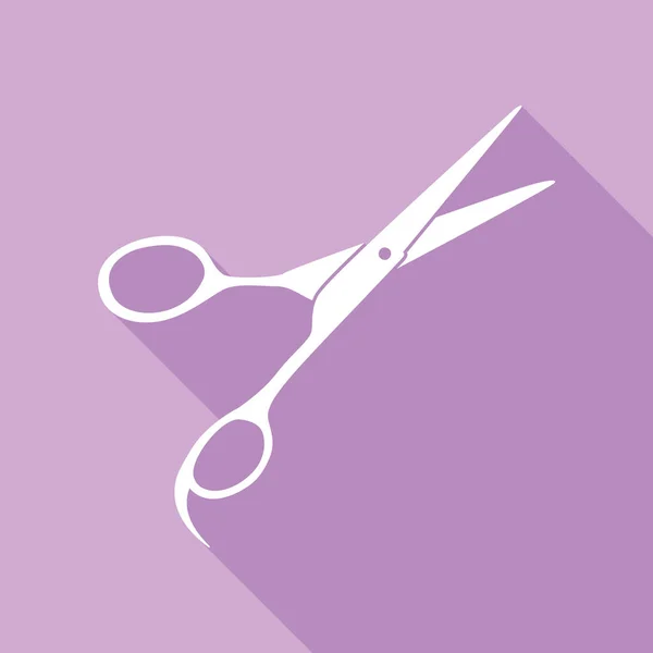 Ножиці Стрижки Волосся Білий Ікон Довгою Тінню Пурпуровому Тлі — стоковий вектор