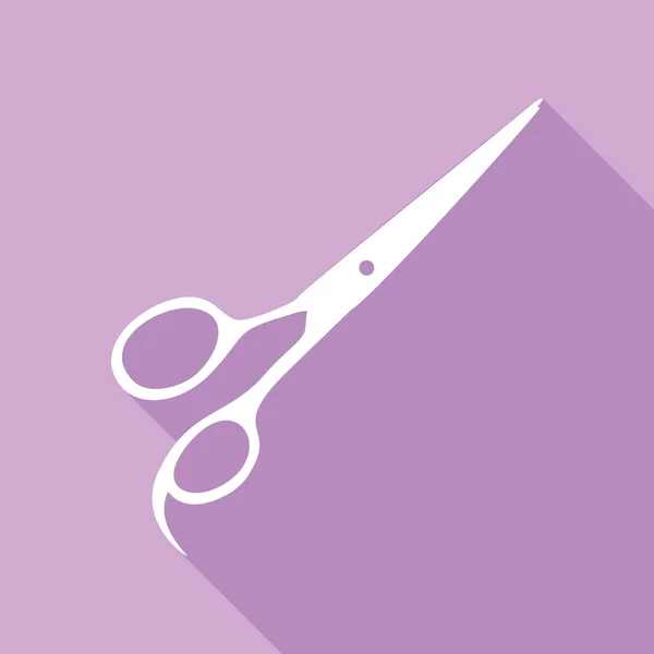 Hair Cutting Scissors Sign White Icon Long Shadow Purple Background — Stock Vector