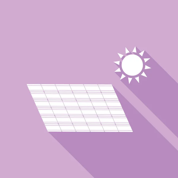太陽エネルギーパネル エコトレンドのコンセプトサイン 紫色の背景に長い影の白いアイコン — ストックベクタ