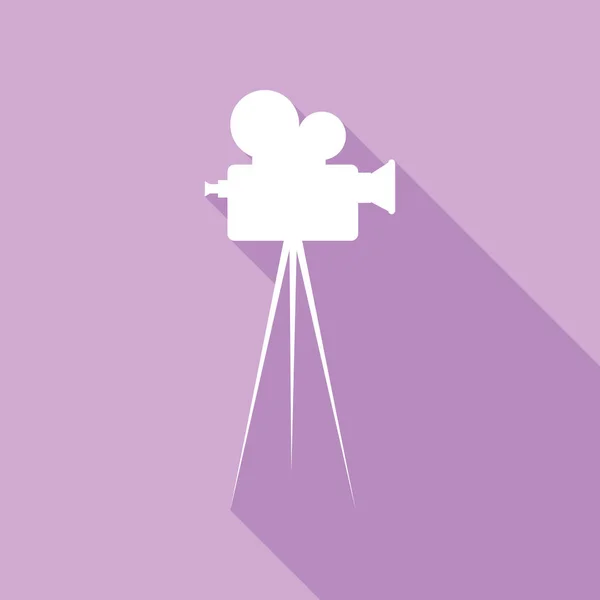 Камера Видеофиксации Ретро Штативе Белая Икона Длинной Тенью Фиолетовом Фоне — стоковый вектор