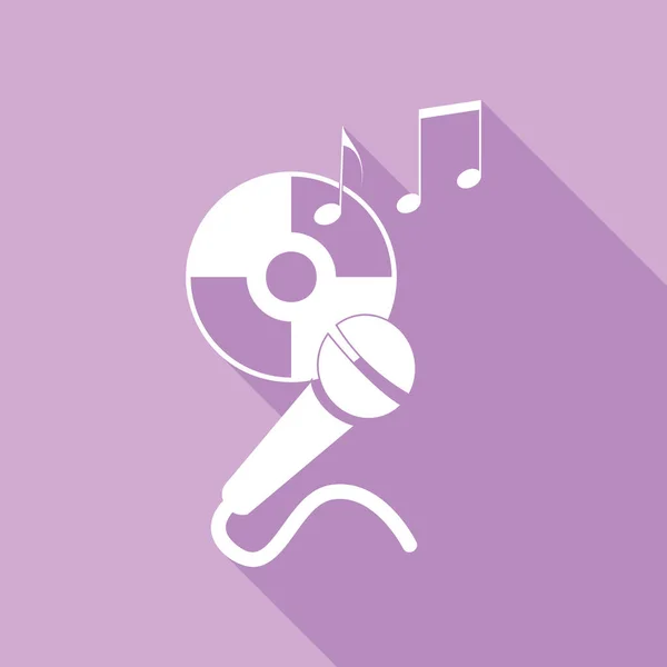 带音乐音符和话筒标志的光盘 紫色背景的长阴影白色图标 — 图库矢量图片