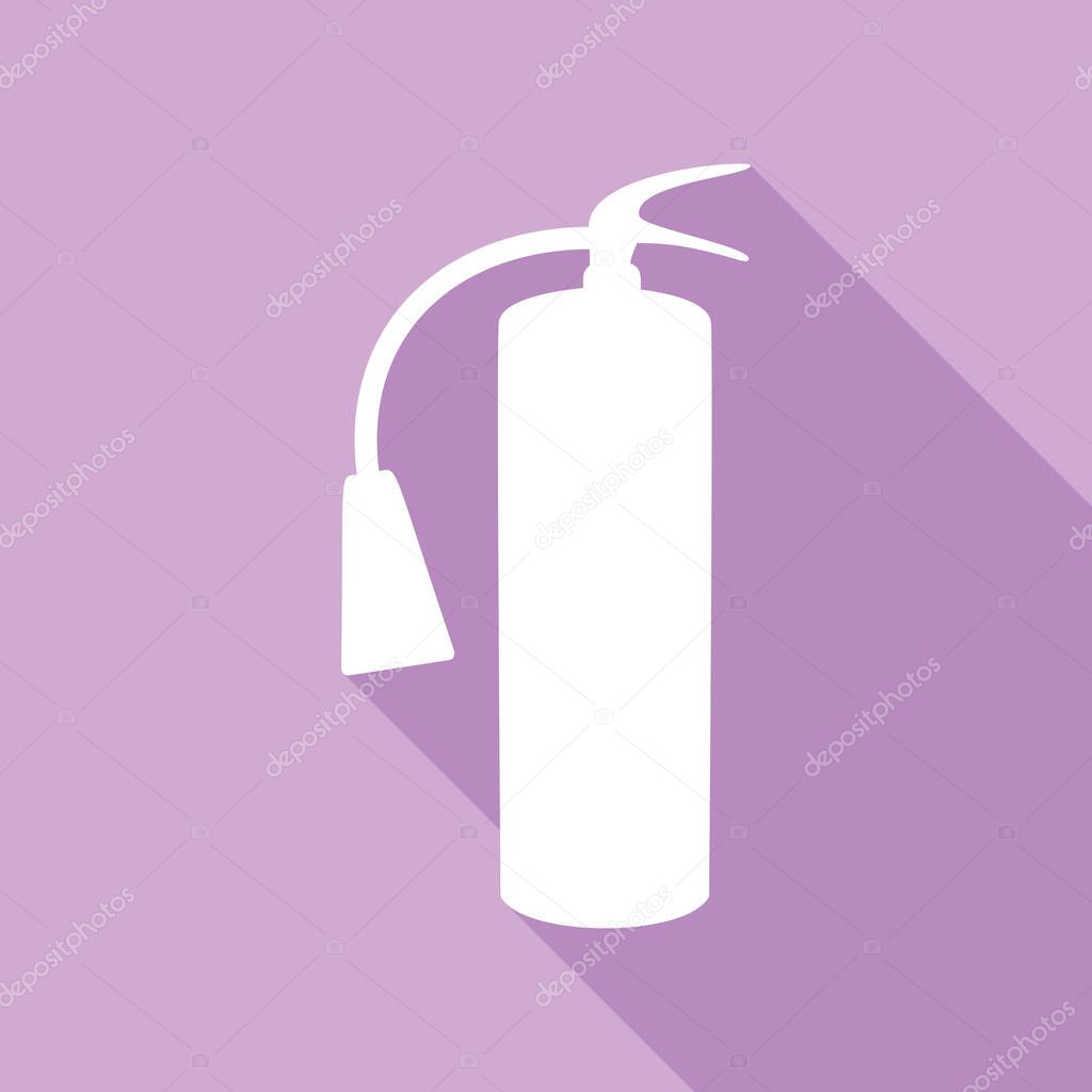 Fire extinguisher sign. White Icon with long shadow at purple background.