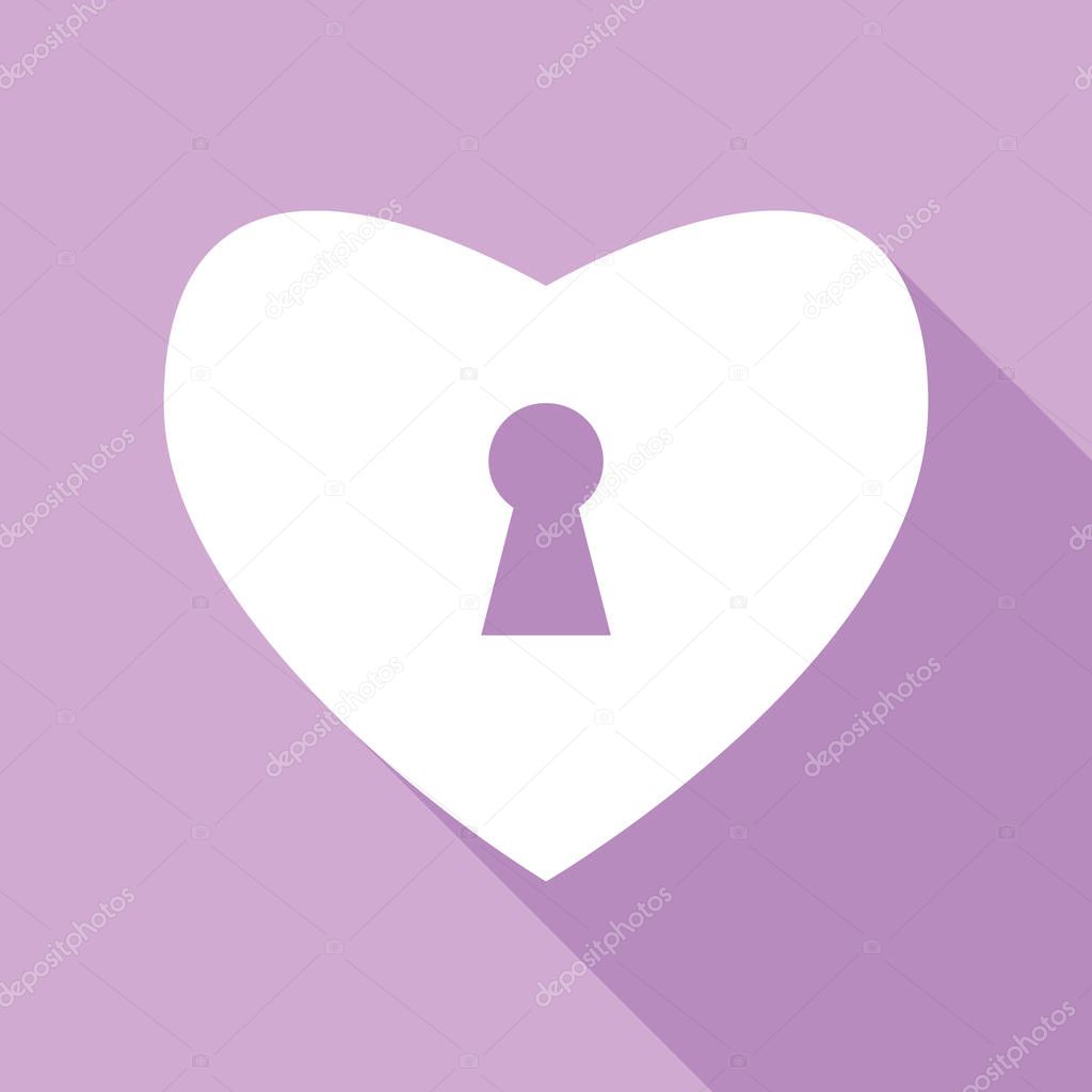 Heart with lock sign. White Icon with long shadow at purple background.