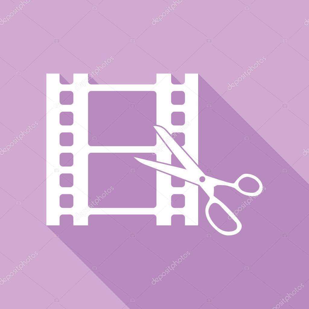 Scissors Cutting Film Shot Editing Sign White Icon With Long Shadow At Purple Background Premium Vector In Adobe Illustrator Ai Ai Format Encapsulated Postscript Eps Eps Format scissors cutting film shot editing