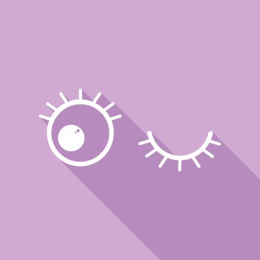 Sol gözünü aç ve sağ gözünü kapat. Mor arkaplanda uzun gölgesi olan beyaz simge.