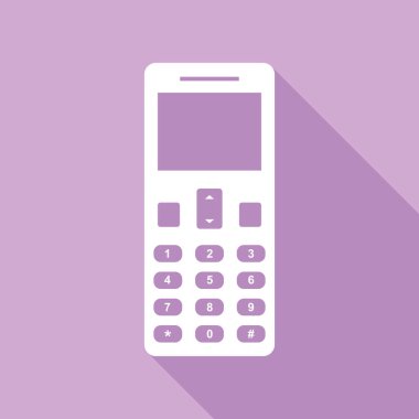 Akıllı telefon işareti. Mor arkaplanda uzun gölgesi olan beyaz simge.