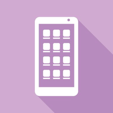Akıllı telefon işareti. Mor arkaplanda uzun gölgesi olan beyaz simge.