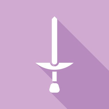 Basit kılıç işareti. Mor arkaplanda uzun gölgesi olan beyaz simge.