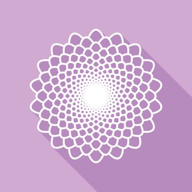 Doğrusal mandala işareti. Mor arkaplanda uzun gölgesi olan beyaz simge.