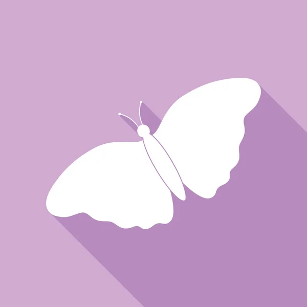 Schmetterlingszeichen Weiße Ikone Mit Langem Schatten Auf Violettem Hintergrund — Stockvektor