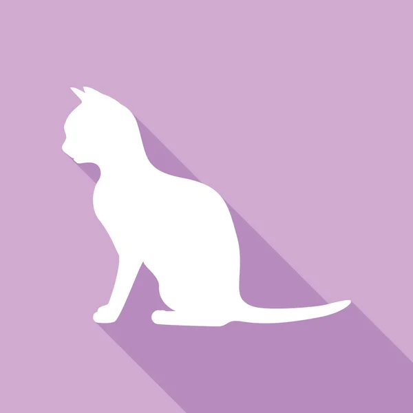 Silhouette Cat White Icon Long Shadow Purple Background — Stock Vector