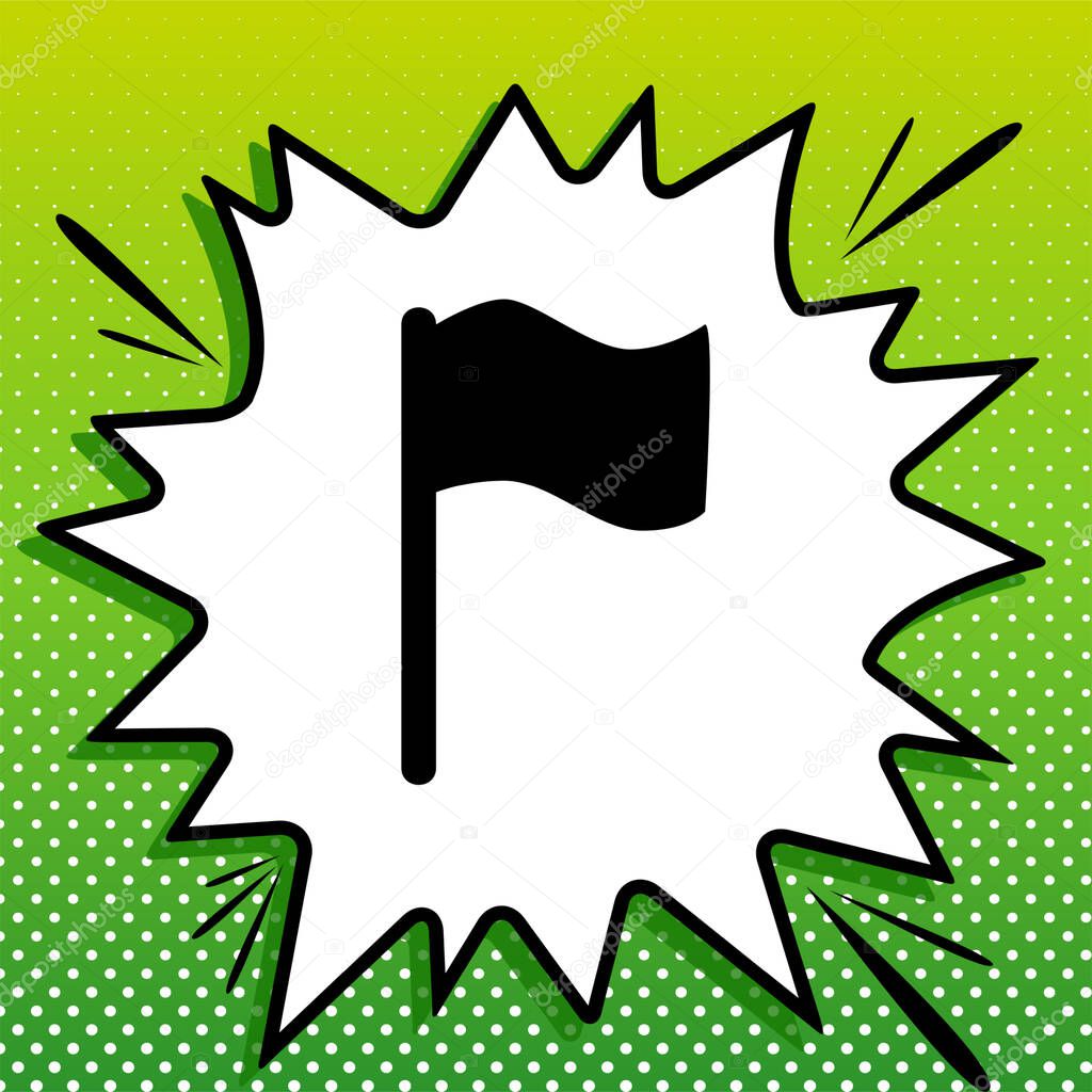 Flag sign illustration. Black Icon on white popart Splash at green background with white spots.