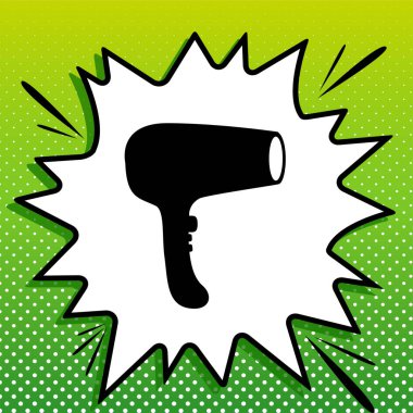 Saç kurutma tabelası. Beyaz popart üzerine siyah simge Yeşil arka planda beyaz benekli sıçrama.