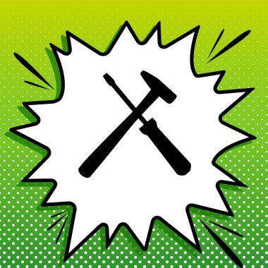 Araçlar illüstrasyon imzalar. Beyaz popart üzerine siyah simge Yeşil arka planda beyaz benekli sıçrama.