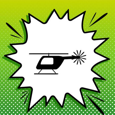 Helikopter işareti illüstrasyonu. Beyaz popart üzerine siyah simge Yeşil arka planda beyaz benekli sıçrama.