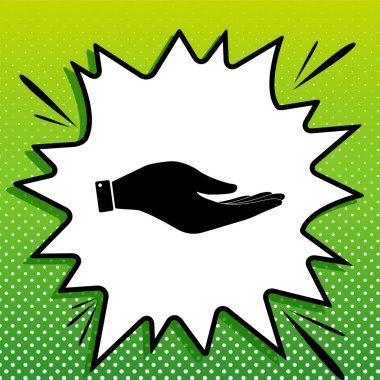 El işareti çizimi. Beyaz popart üzerine siyah simge Yeşil arka planda beyaz benekli sıçrama.