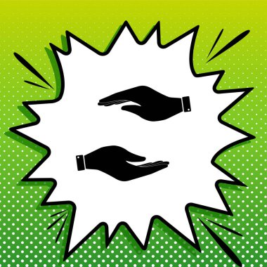 El işareti çizimi. Beyaz popart üzerine siyah simge Yeşil arka planda beyaz benekli sıçrama.