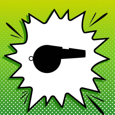 Islık işareti. Beyaz popart üzerine siyah simge Yeşil arka planda beyaz benekli sıçrama.