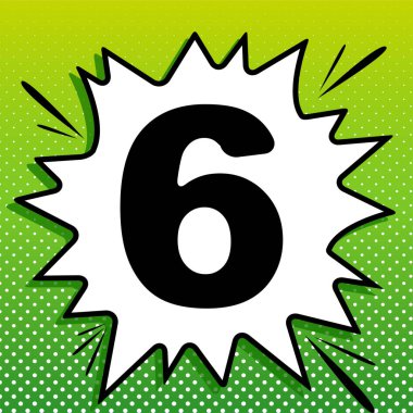 6 numaralı işaret tasarım şablonu ögesi. Beyaz popart üzerine siyah simge Yeşil arka planda beyaz benekli sıçrama.