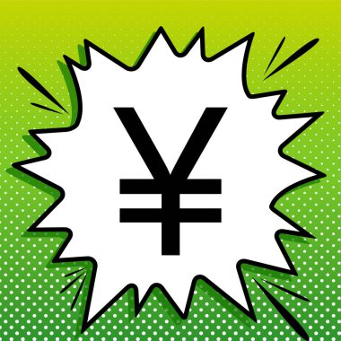 Yen işareti. Beyaz popart üzerine siyah simge Yeşil arka planda beyaz benekli sıçrama.