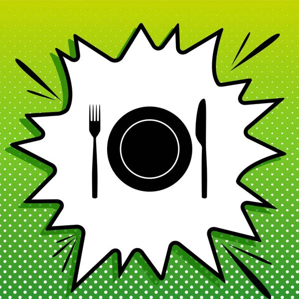 刀叉和盘子标志 带有白斑的绿色背景的白色弹珠上的黑色图标 — 图库矢量图片