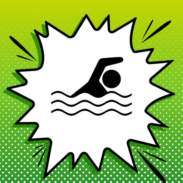 Swimming water sport sign. Black Icon on white popart Splash at green background with white spots.