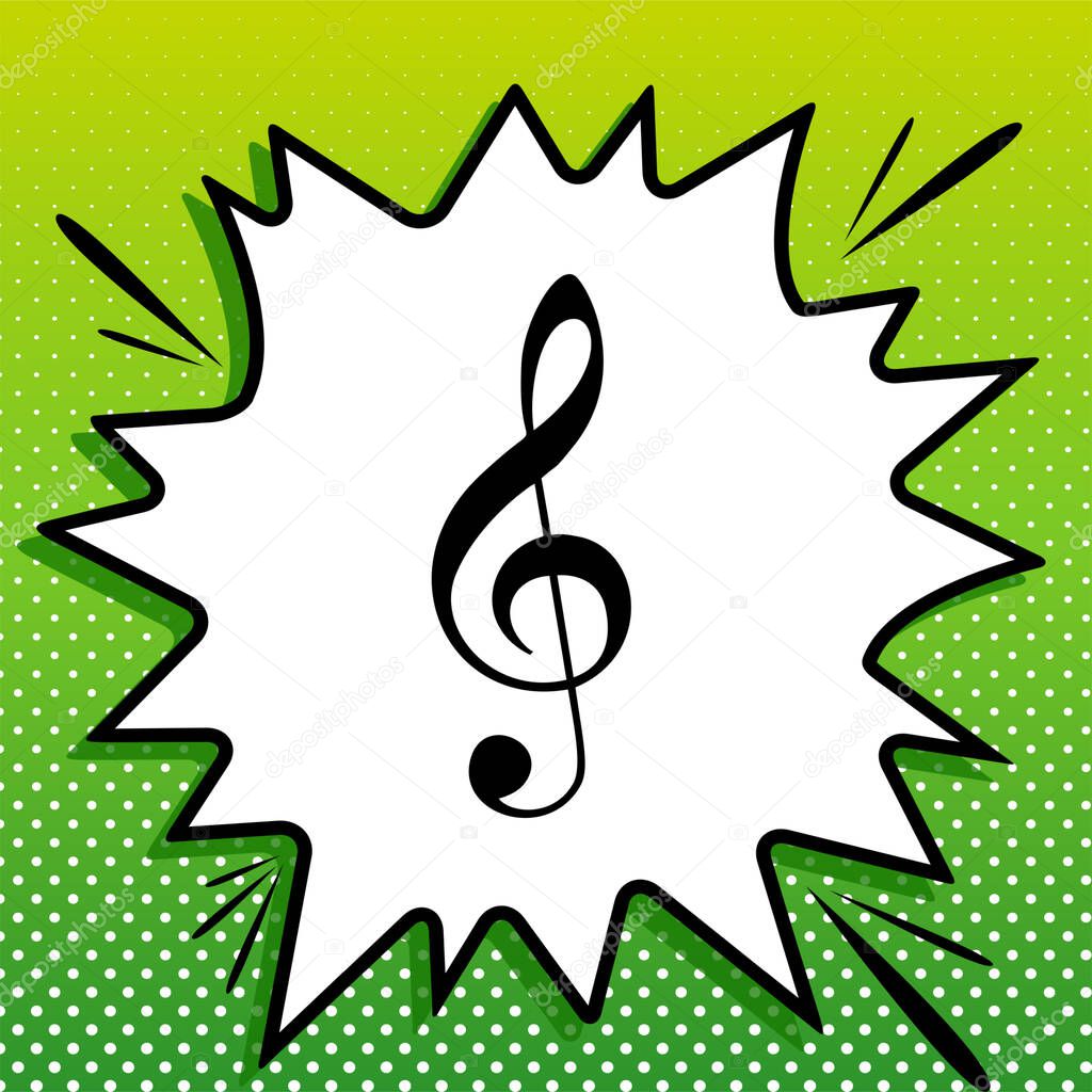 Music violin clef sign. G-clef. Treble clef. Black Icon on white popart Splash at green background with white spots.