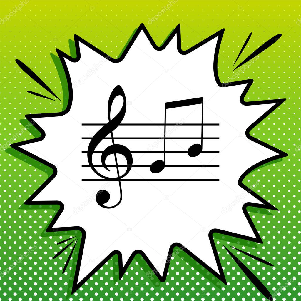 Music violin clef sign. G-clef and notes G, H. Black Icon on white popart Splash at green background with white spots.