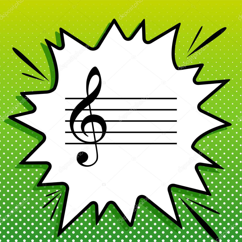 Music violin clef sign. G-clef. Black Icon on white popart Splash at green background with white spots.