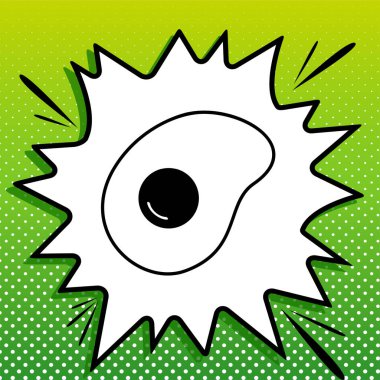 Omlet tabelası. Düz dizayn edilmiş biçim simgesi. Beyaz popart üzerine siyah simge Yeşil arka planda beyaz benekli sıçrama.