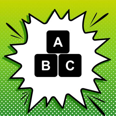 ABC küp işareti çizimi. Beyaz popart üzerine siyah simge Yeşil arka planda beyaz benekli sıçrama.