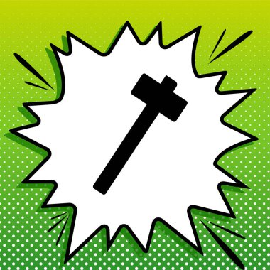 Çekiç işareti çizimi. Beyaz popart üzerine siyah simge Yeşil arka planda beyaz benekli sıçrama.