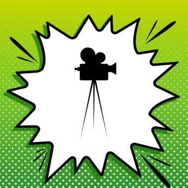 Tripod işaretinde Retro video kayıt kamerası var. Beyaz popart üzerine siyah simge Yeşil arka planda beyaz benekli sıçrama.