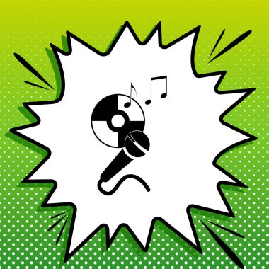 Müzik notaları ve mikrofon işaretli küçük bir disk. Beyaz popart üzerine siyah simge Yeşil arka planda beyaz benekli sıçrama.
