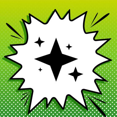 Parıltı işareti. Beyaz popart üzerine siyah simge Yeşil arka planda beyaz benekli sıçrama.