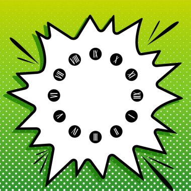 Saat yüz işareti. Beyaz popart üzerine siyah simge Yeşil arka planda beyaz benekli sıçrama.