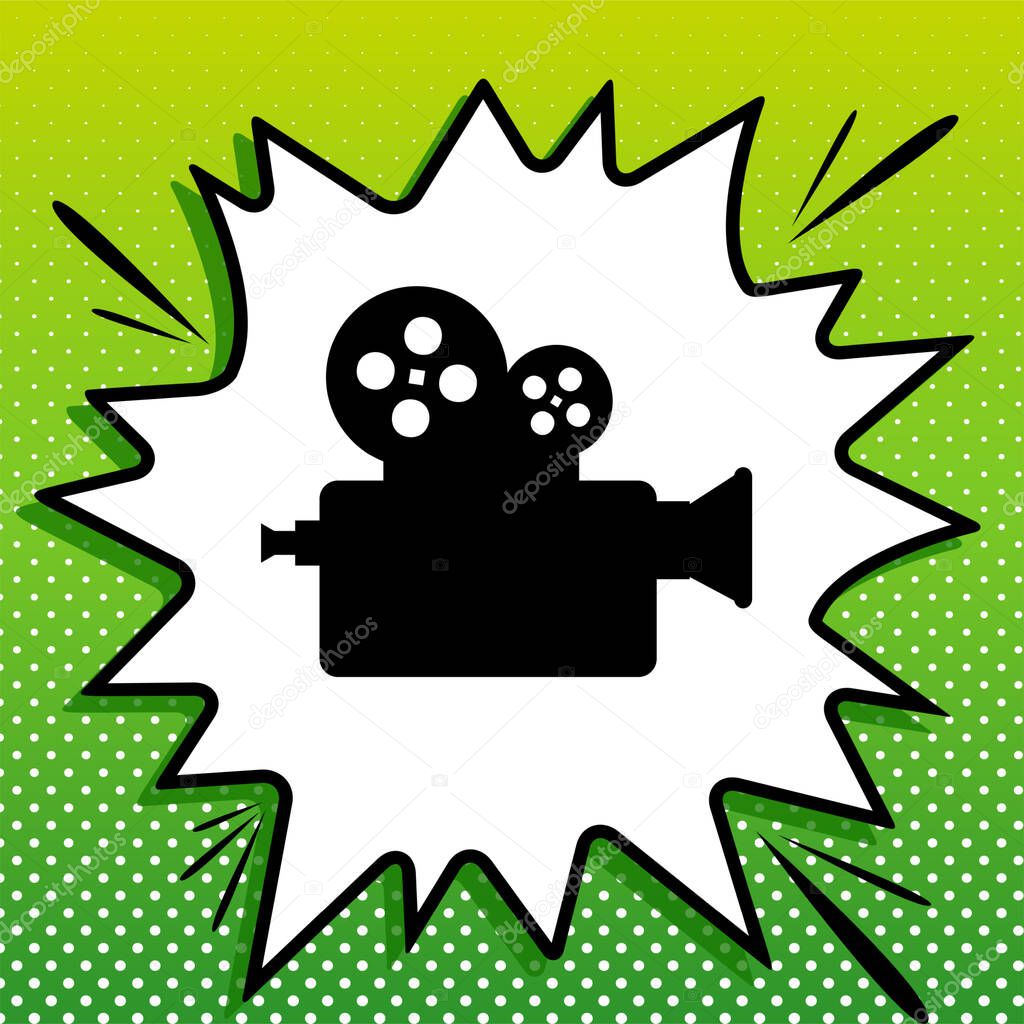 Retro video recording camera sign. Black Icon on white popart Splash at green background with white spots.