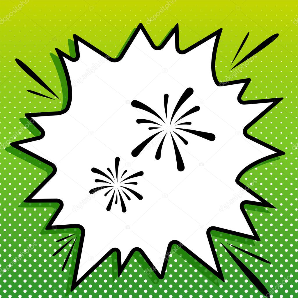 Firework sign. Black Icon on white popart Splash at green background with white spots.