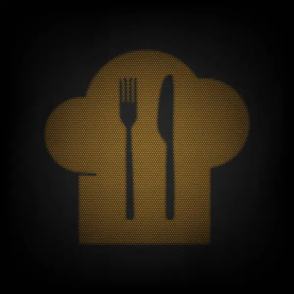 大厨帽勺子叉子刀牌图标是黑暗中橙色小灯泡的网格 — 图库矢量图片