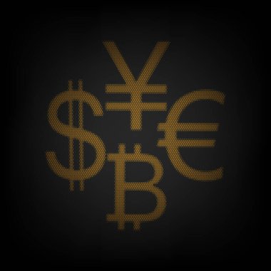 Para birimi tabela koleksiyonu dolar, avro, bitcoin, yen. Karanlıktaki küçük turuncu ampulün ızgarası gibi simge.
