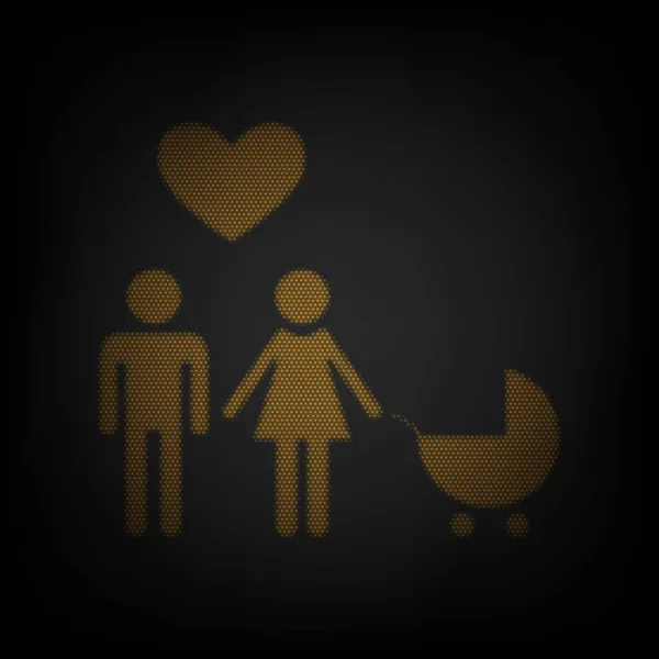 有爱心的家庭丈夫 有孩子的妻子图标是黑暗中橙色小灯泡的网格 — 图库矢量图片