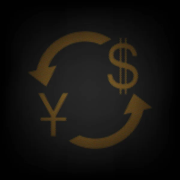 通貨交換のサイン 中国元と米ドル 暗闇の中の小さなオレンジ色の電球のグリッドとしてのアイコン — ストックベクタ
