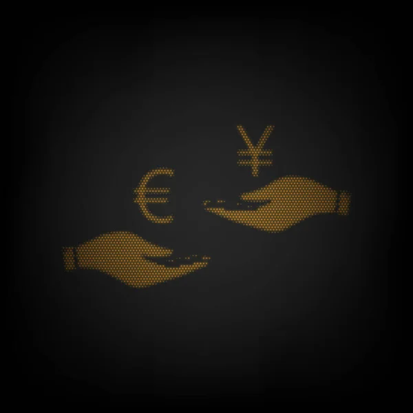 货币在两手之间的汇率 欧元和日元 图标是黑暗中橙色小灯泡的网格 — 图库矢量图片
